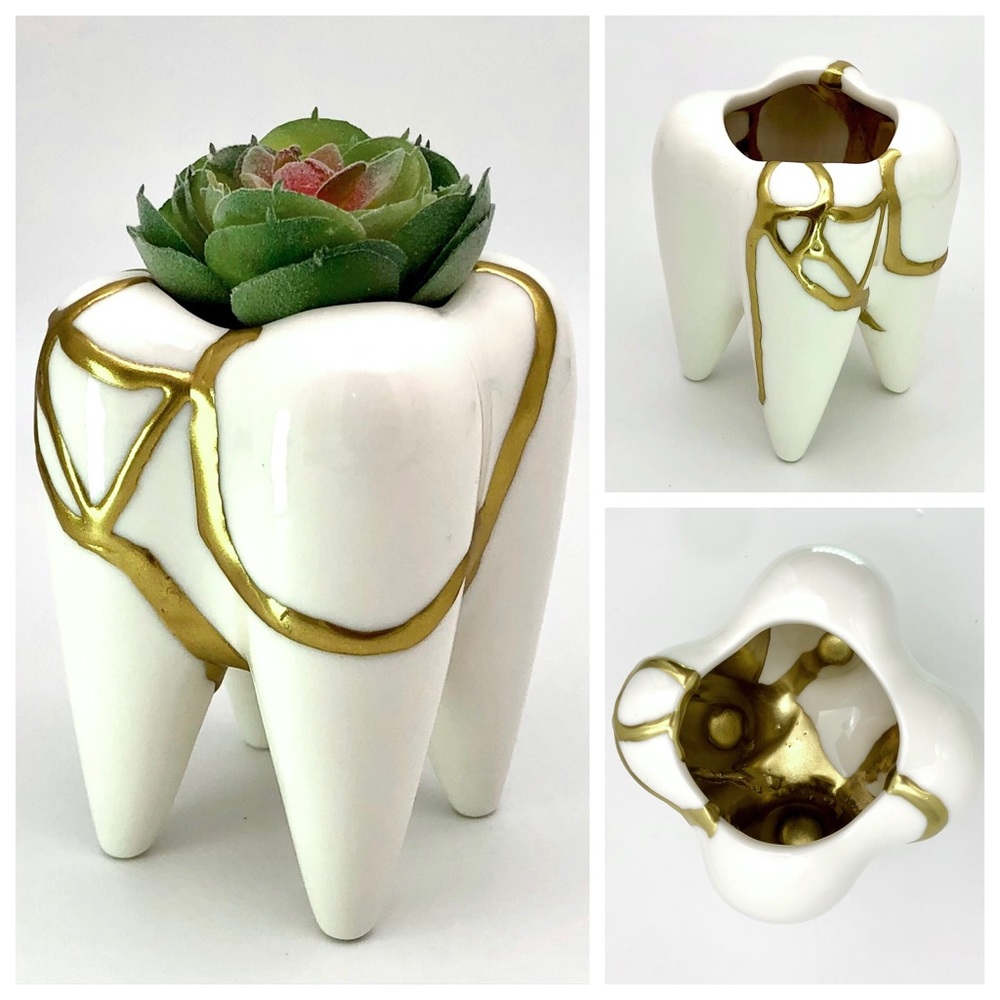 Kintsugi Vase Ceramic Tooth Planter Dental Gold Crack Art Growth Gift Dentist